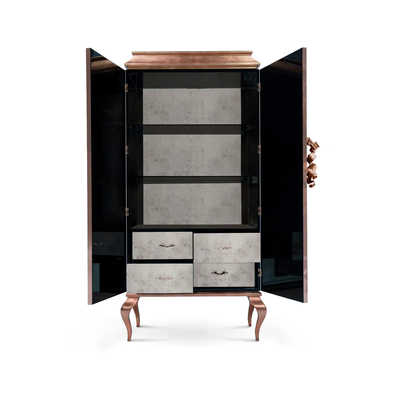 Elegant Divine Peacock Organic Armoire with both doors fully opened, adorned with an organic wavy pattern in dark green and gold tones (visible on the inner sides), an aged copper-toned frame, and curved legs in the same tone, revealing glass shelves and drawers with textured fronts inside.