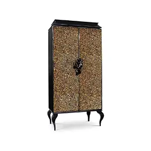 Elegant Divine Quail Armoire with two doors adorned with a quail feather pattern in shades of brown and gold, a black frame with golden accents, and curved black legs.