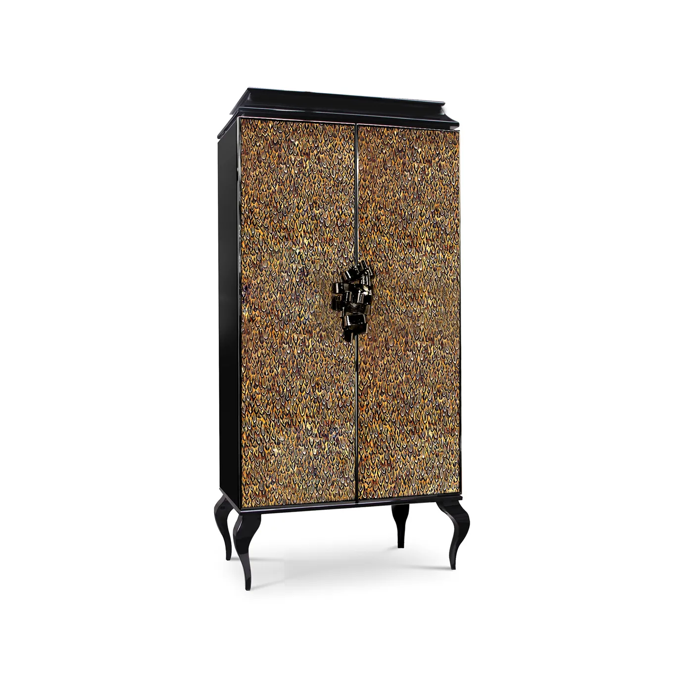 Elegant Divine Quail Armoire with two doors adorned with a quail feather pattern in shades of brown and gold, a black frame with golden accents, and curved black legs.