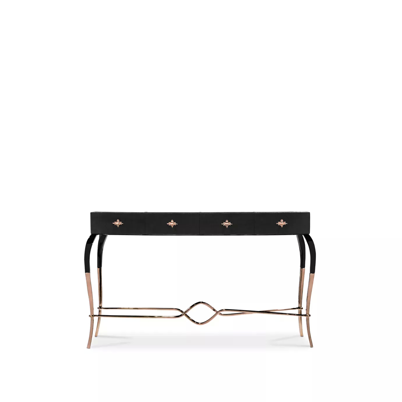 Elegant Luridae Console with a long black tabletop featuring four drawers adorned with decorative copper-toned handles, and a frame with curved black and copper legs with a sculptural copper detail at the base.