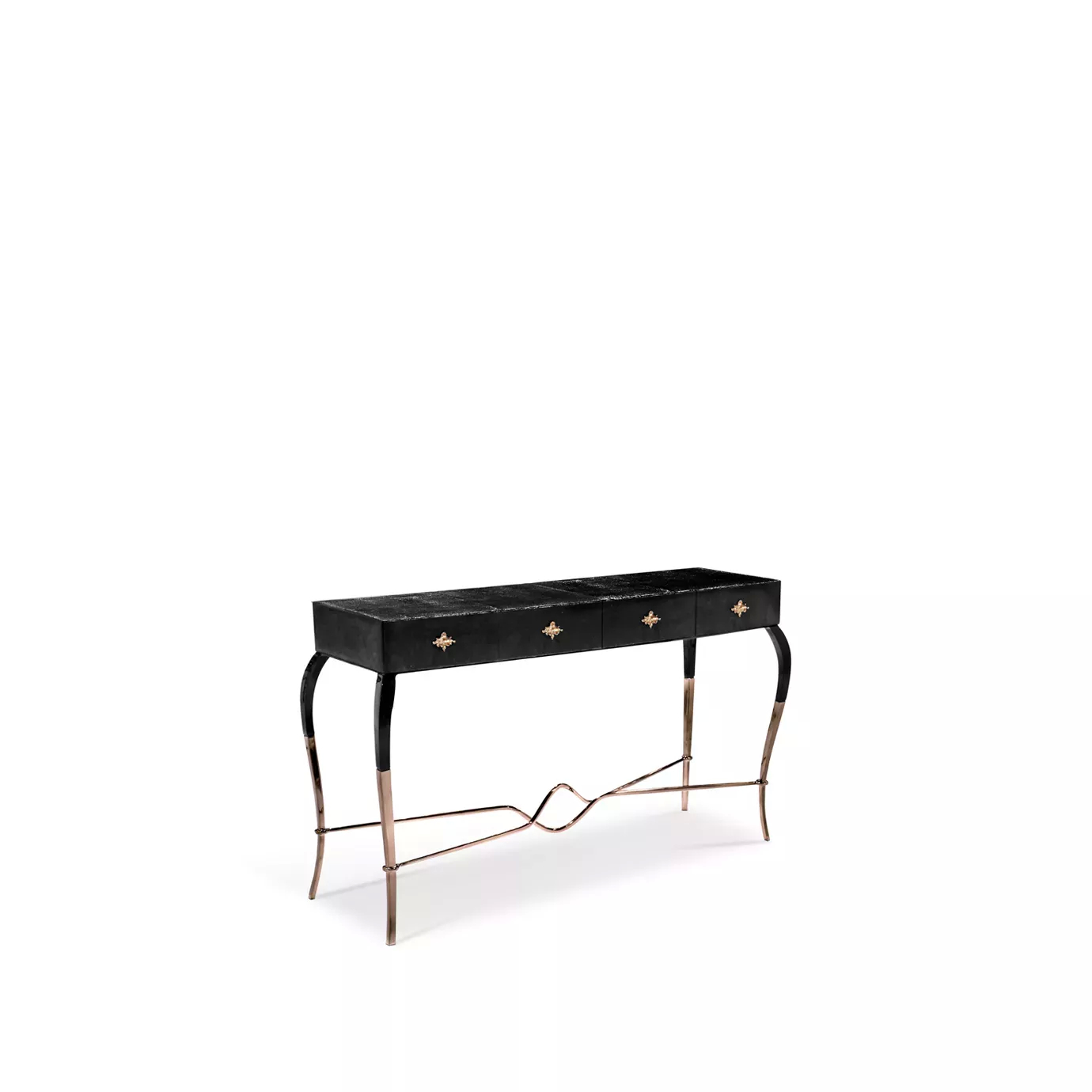 Elegant Luridae Console with a long black tabletop featuring four drawers adorned with decorative copper-toned handles, and a frame with curved black and copper legs with a sculptural copper detail at the base, viewed from a slightly side angle.