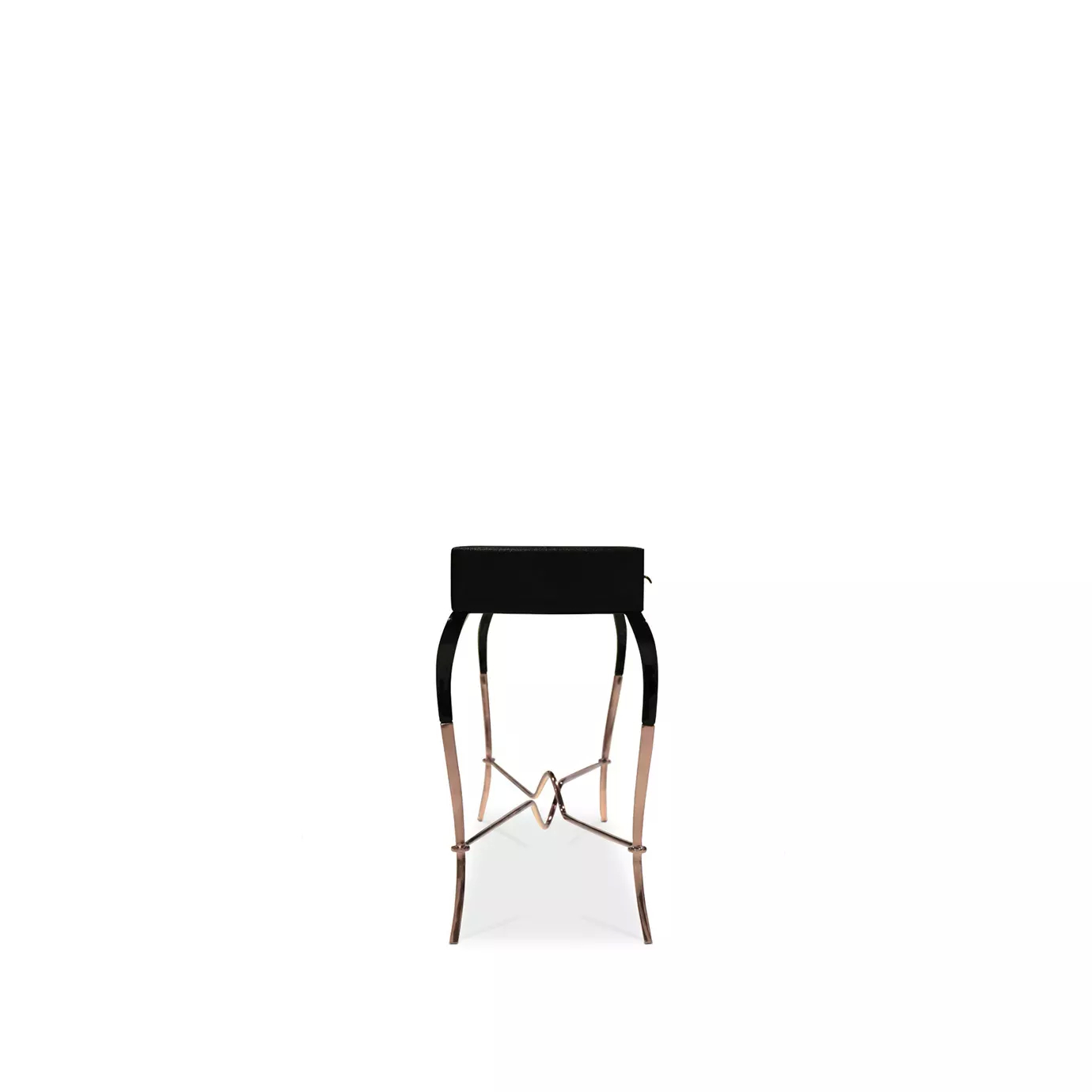 Elegant Luridae Console with a long black tabletop featuring four drawers adorned with decorative copper-toned handles, and a frame with curved black and copper legs with a sculptural copper detail at the base, viewed from the front showing the narrow depth.