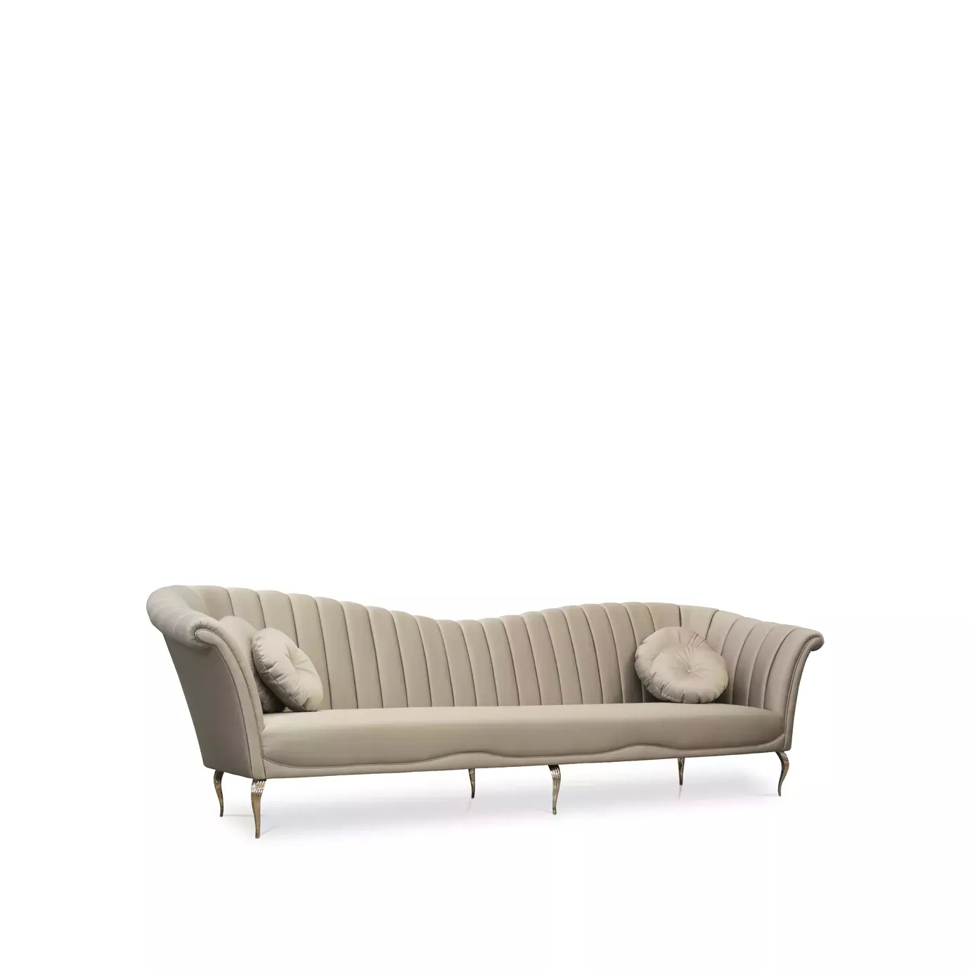 Elegant Caprichosa Sofa with a golden metal base and soft beige fabric upholstery featuring a wavy design on the backrest and two round cushions at the ends, viewed from a more pronounced side angle.