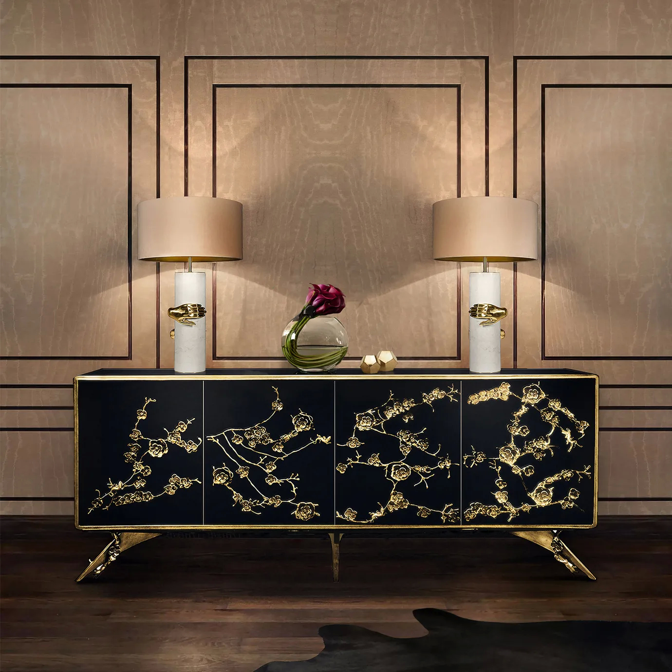 A neutral colored room displaying an elegant Spellbound Black Lacquer cabinet with golden floral motifs on its four doors, accompanied by two table lamps, in cream tones.