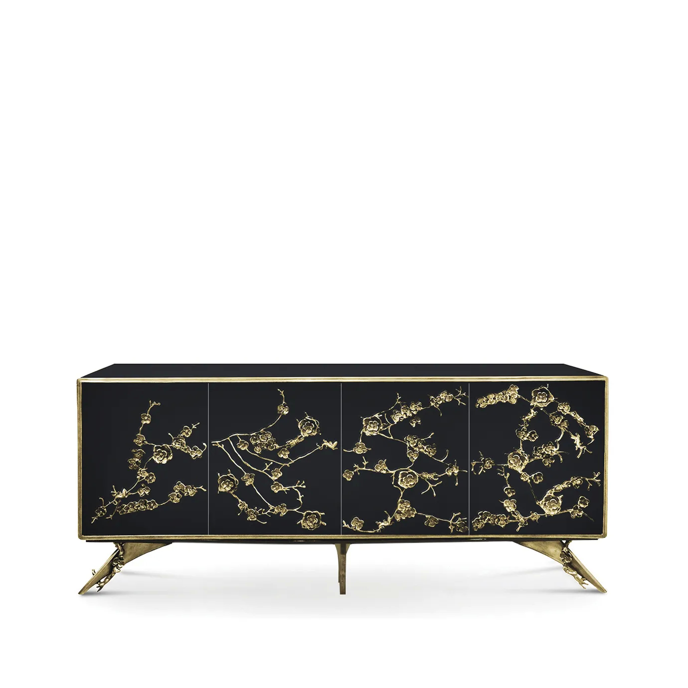 The Spellbound Lacquer Cabinet features a black structure adorned with a golden frame and elegant golden flower-shaped details along its four front doors.