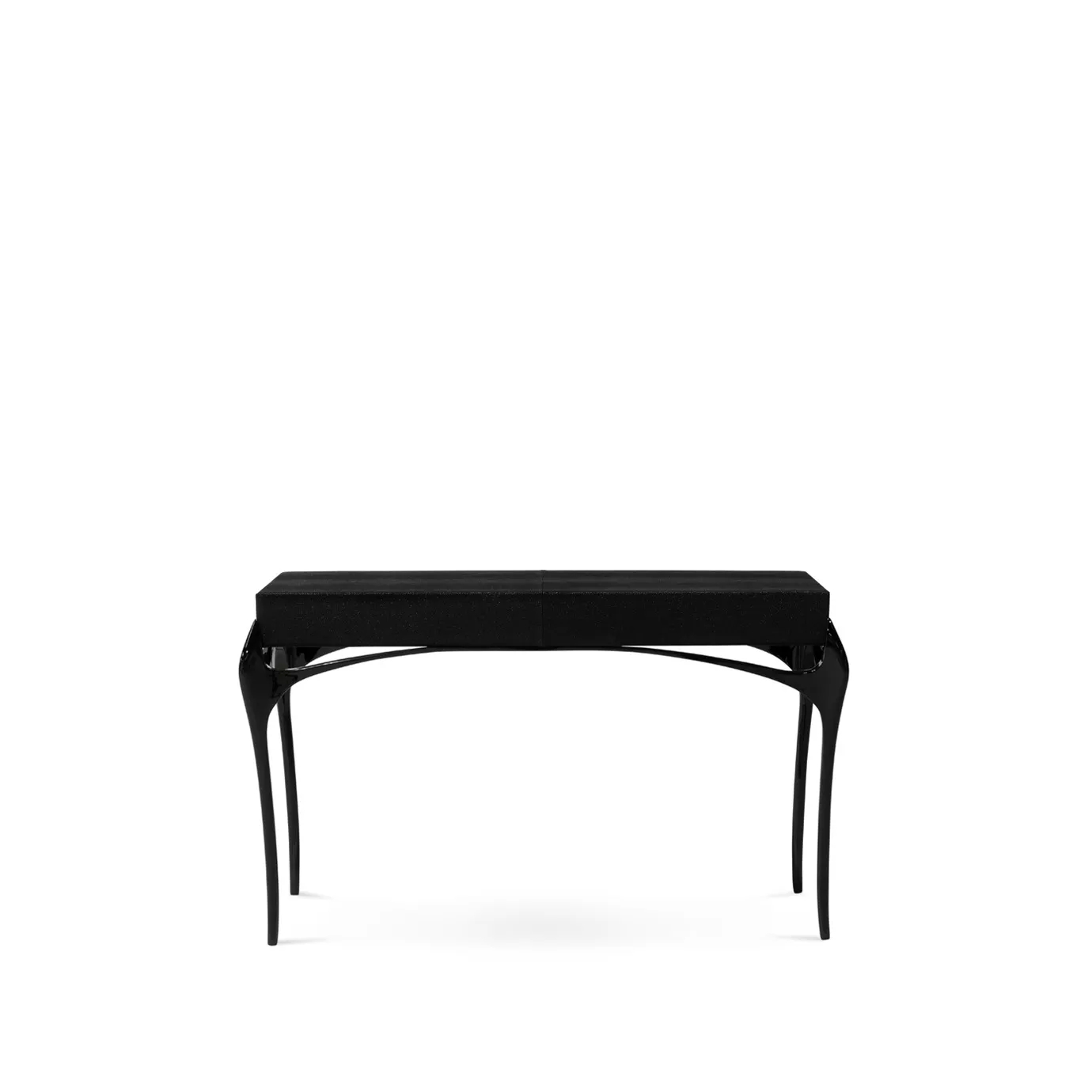 Elegant Temptation Console with a long black tabletop featuring four drawers adorned with decorative golden star-shaped handles, and a frame with curved black legs and a sculptural golden detail at the base, viewed from the back showing only the black frame.