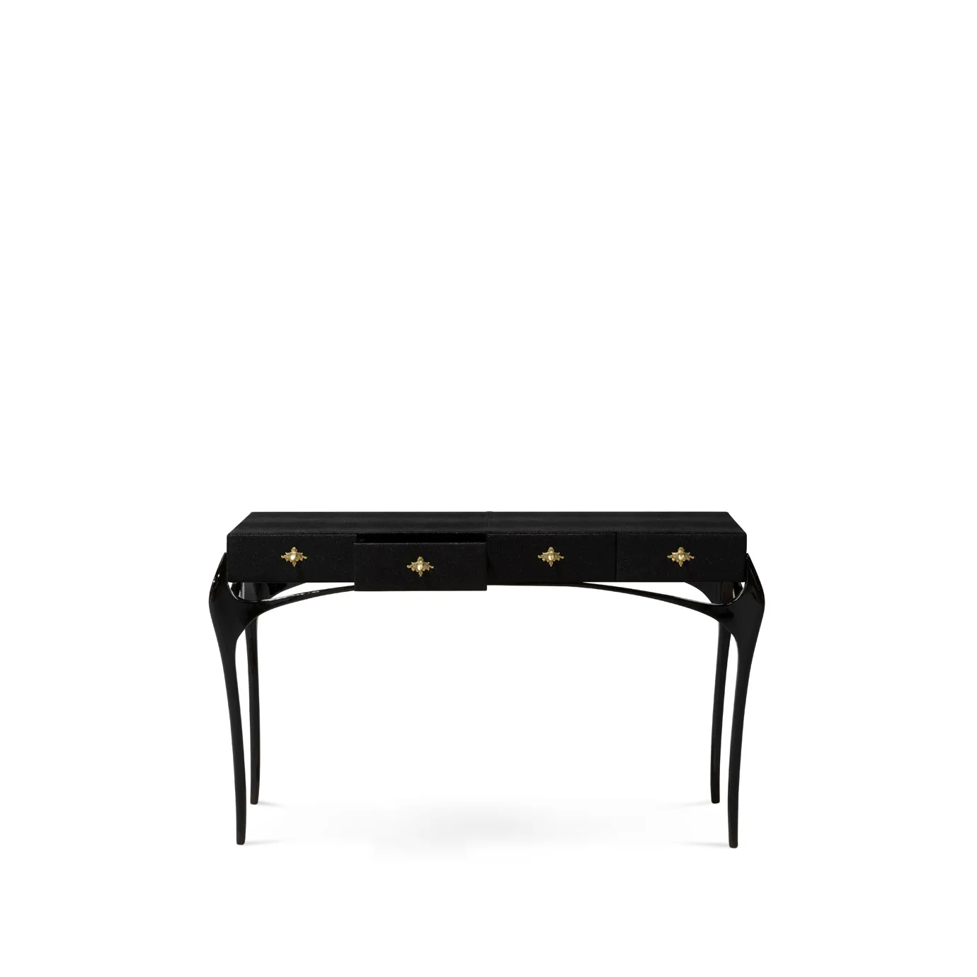 Elegant Temptation Console with a long black tabletop and four drawers, one of which is partially open, adorned with decorative golden star-shaped handles, and a frame with curved black legs and a sculptural golden detail at the base.