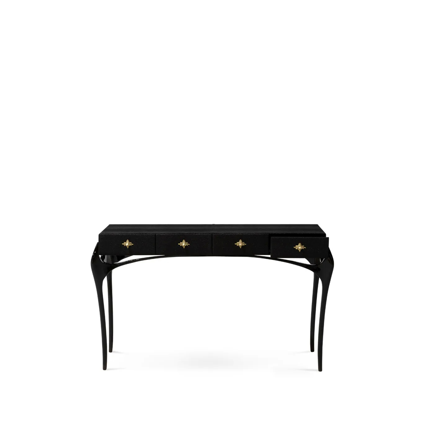 Elegant Temptation Console with a long black tabletop and four drawers, one of which is slightly open, adorned with decorative golden star-shaped handles, and a frame with curved black legs and a sculptural golden detail at the base.
