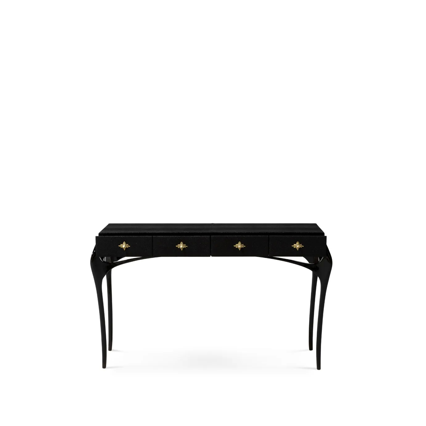 Elegant Temptation Console with a long black tabletop featuring four drawers adorned with decorative golden star-shaped handles, and a frame with curved black legs and a sculptural golden detail at the base.