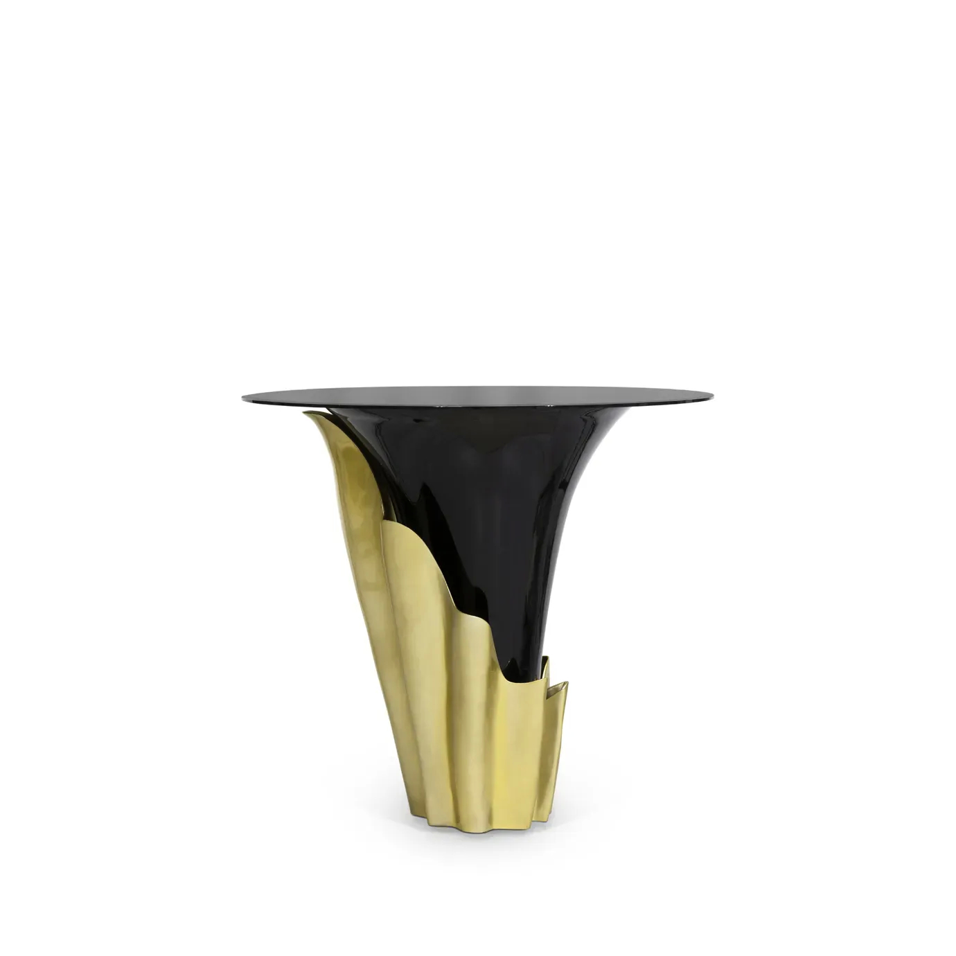 Yasmine Bar Table features a sultry silhouette with a smoked glass tabletop set on a black solid wooden base, adorned with a golden structure that arches back and forth.