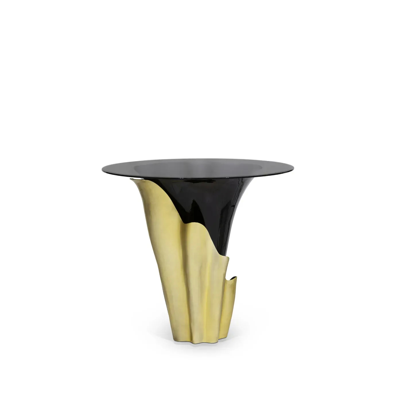 Yasmine Bar Table: featuring a sultry silhouette with a smoked glass tabletop set on a solid wooden black base, adorned with a golden structure that arches back and forth.