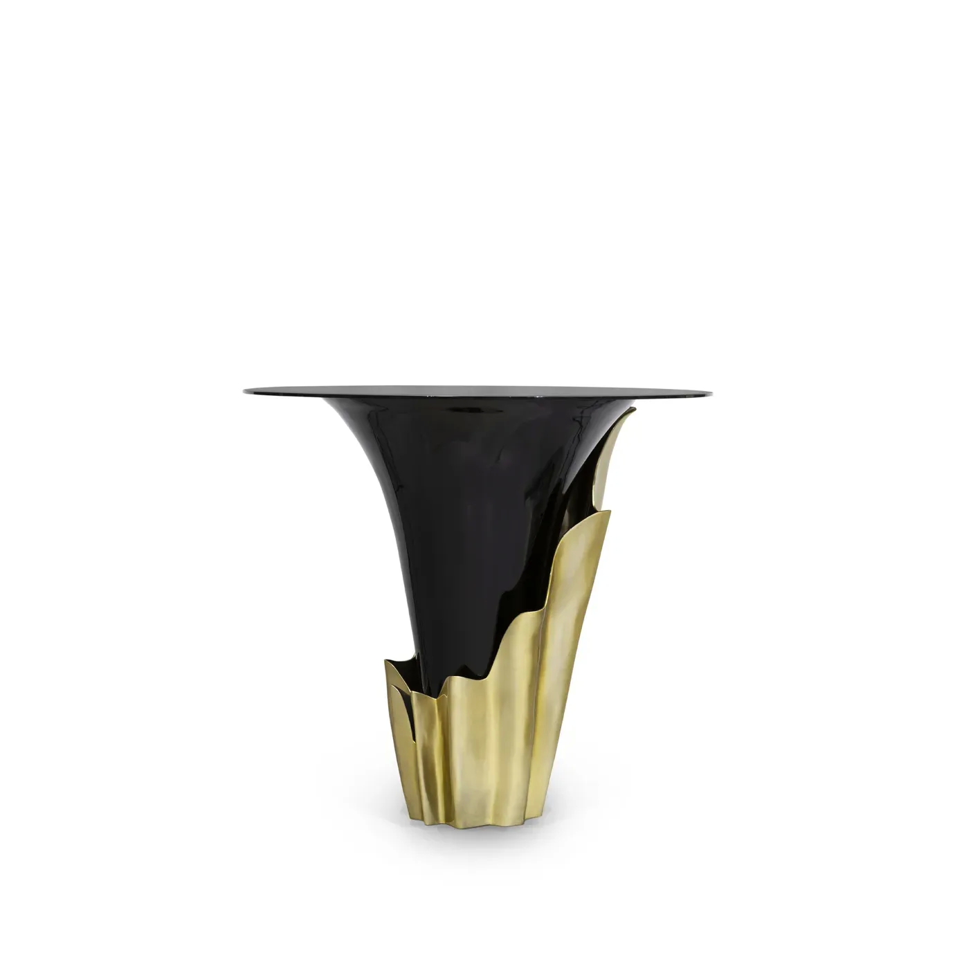 Featuring a sultry silhouette, Yasmine Bar Table has a smoked glass tabletop set on a solid wooden black base, adorned with a golden structure that arches back and forth.
