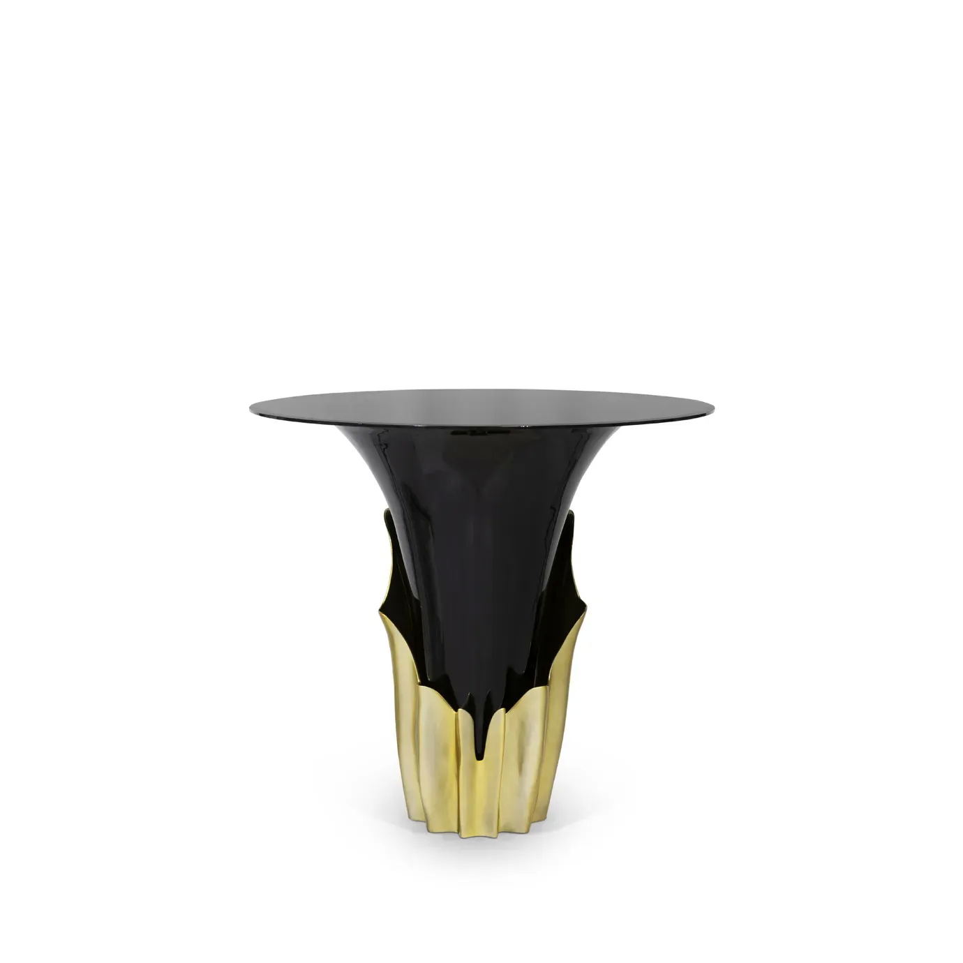 Yasmine Bar Table: highlighting the aged gold leaf structure around the black solid wooden base, the table has a smoked glass tabletop.