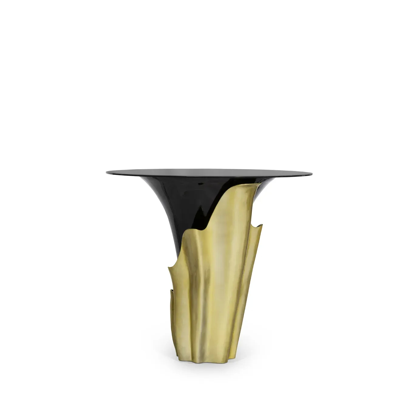Yasmine Bar Table features smoked glass table top set on a black wooden base, surrounded by a golden structure.