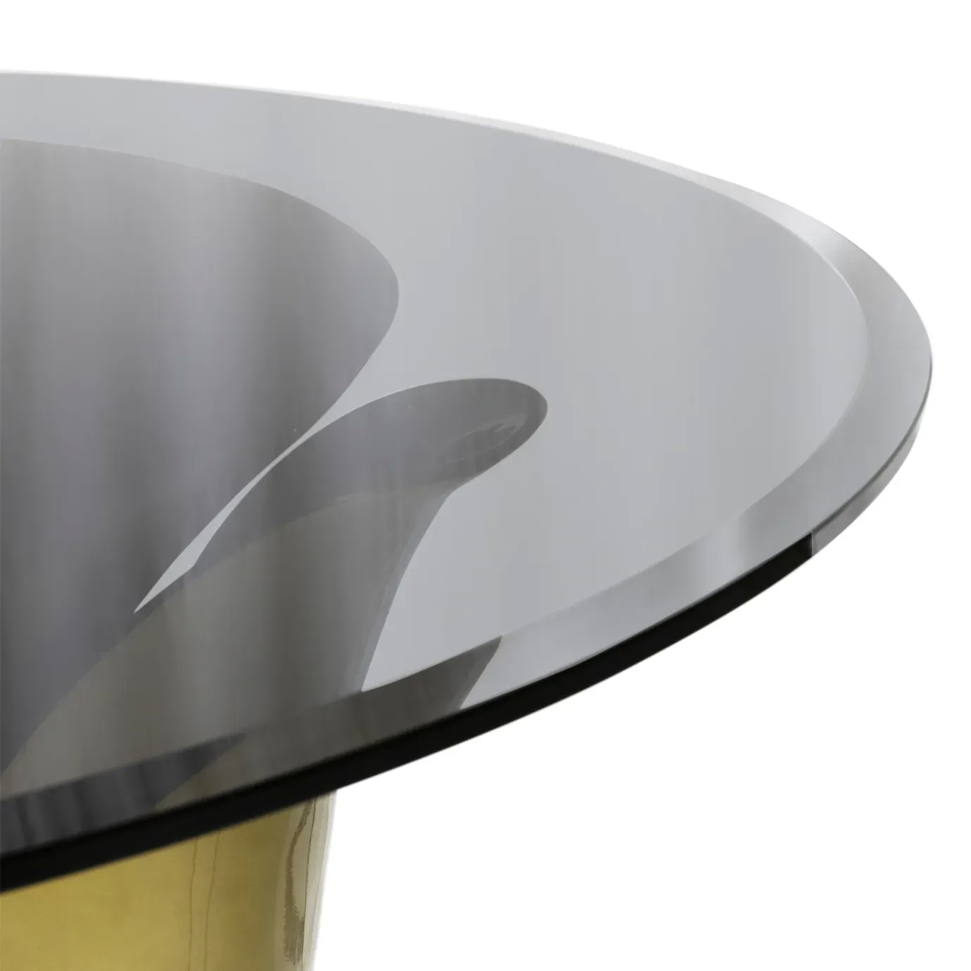 Close look on the Yasmine Bar Table, with a smoked glass tabletop set on a solid wooden black base. The golden structure attached to the table is partially seen, arching back and forth.