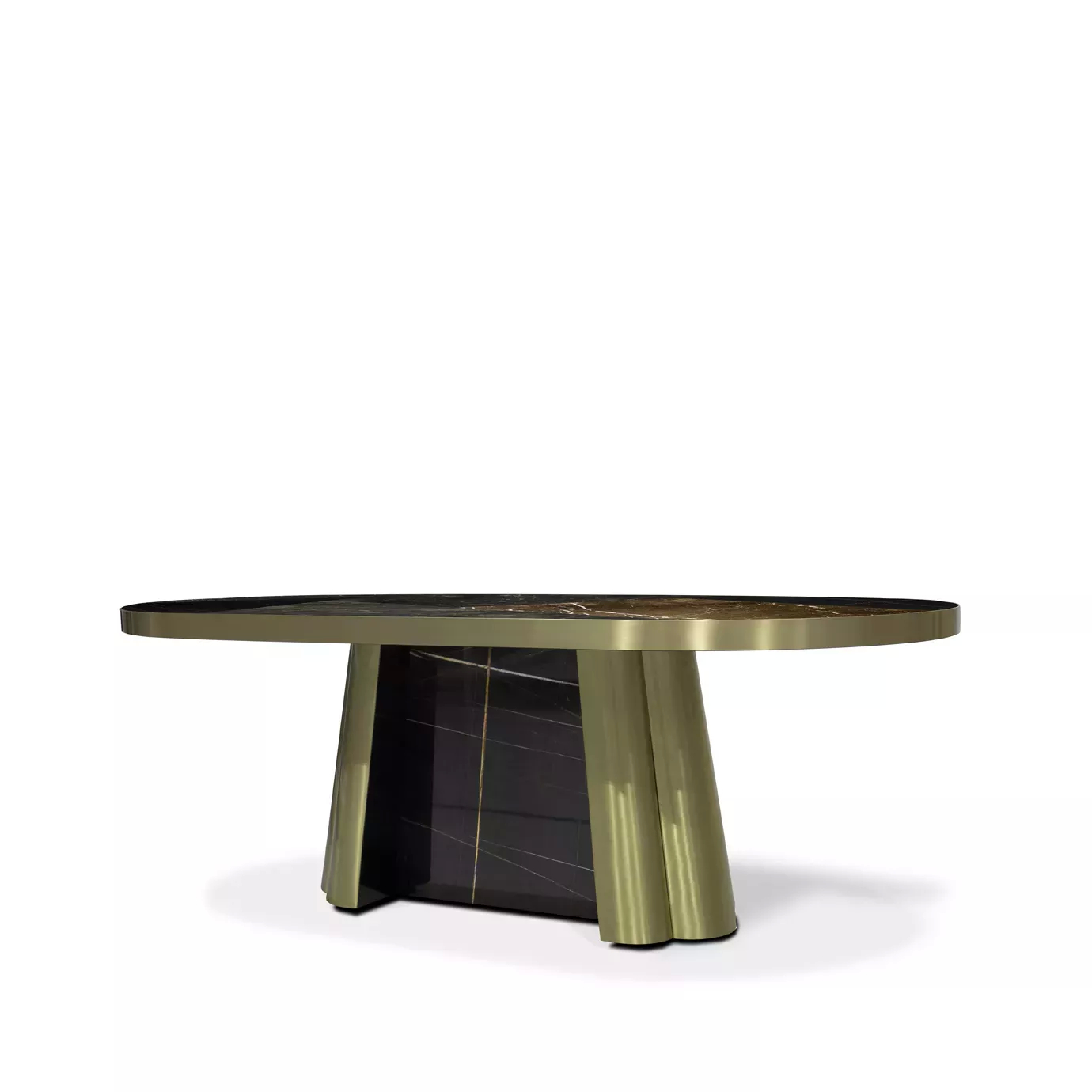 Elegant Decodiva Dining Table with black and gold granite top and modern golden base.