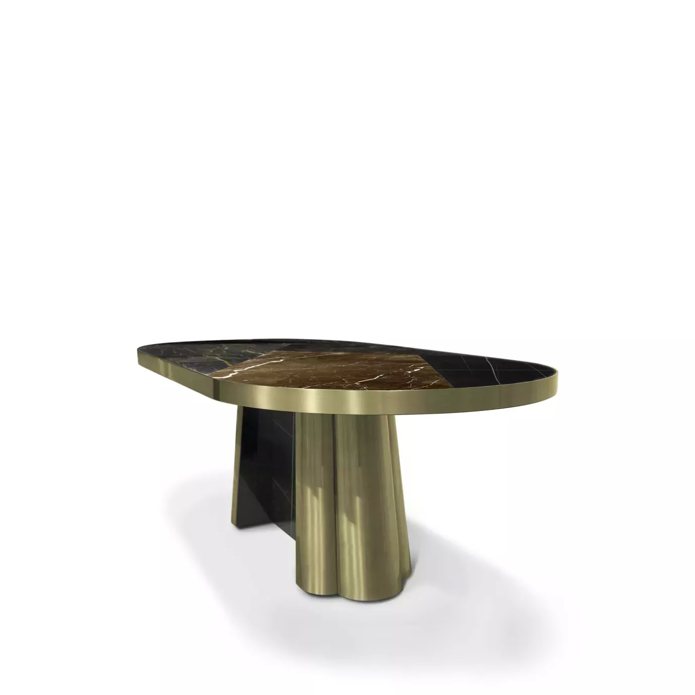 Elegant Decodiva Dining Table with oval black and gold granite top and golden base.