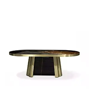 Elegant Decodiva Dining Table with black and gold granite top and golden geometric base.