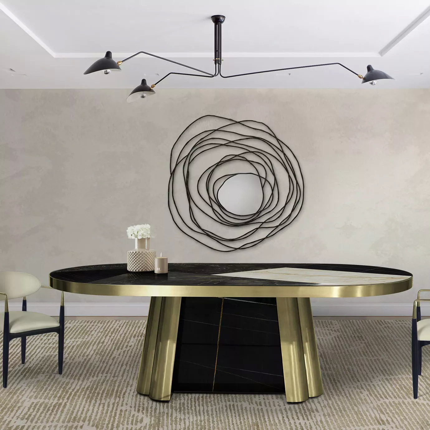 Elegant Decodiva Dining Table with oval black, gold, and white granite top in a modern dining room.
