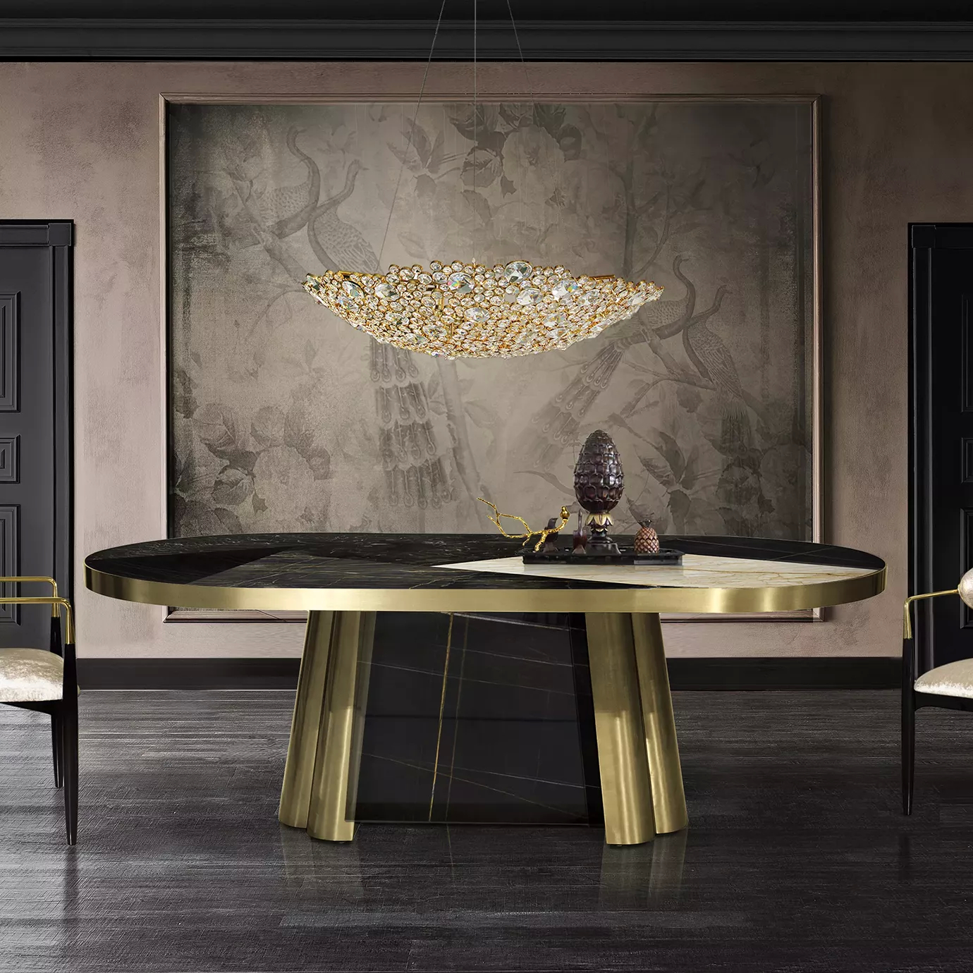Elegant Decodiva Dining Table with oval black, gold, and white granite top in a sophisticated dining room.