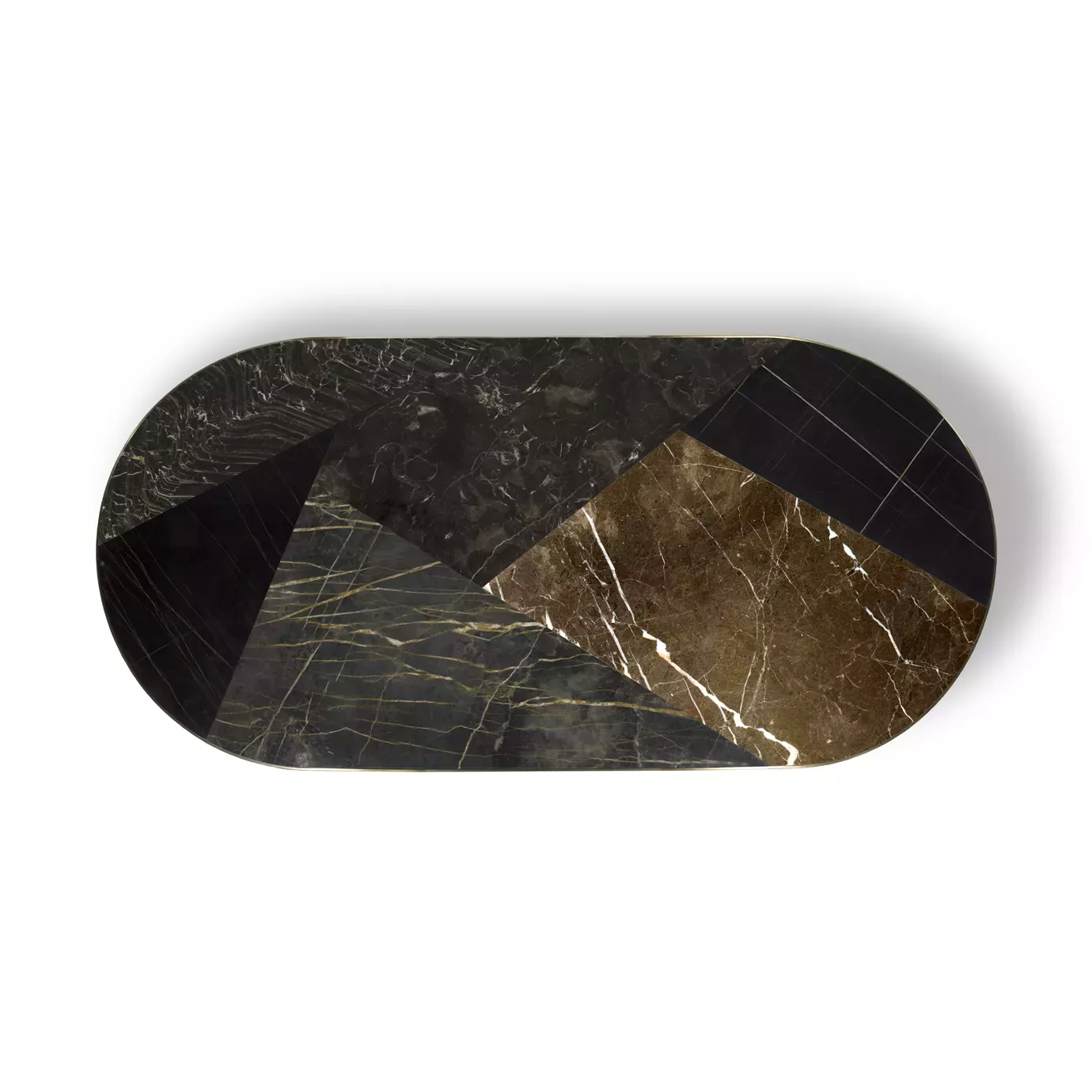 Elegant top view of the oval black and gold granite top of the Decodiva Dining Table.