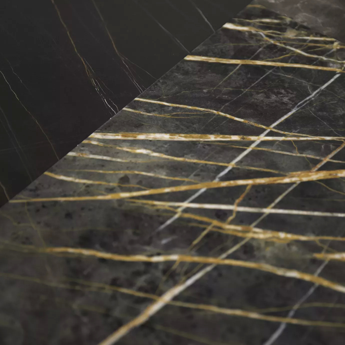 Elegant close-up of the texture of the black and gold granite top of the Decodiva Dining Table.