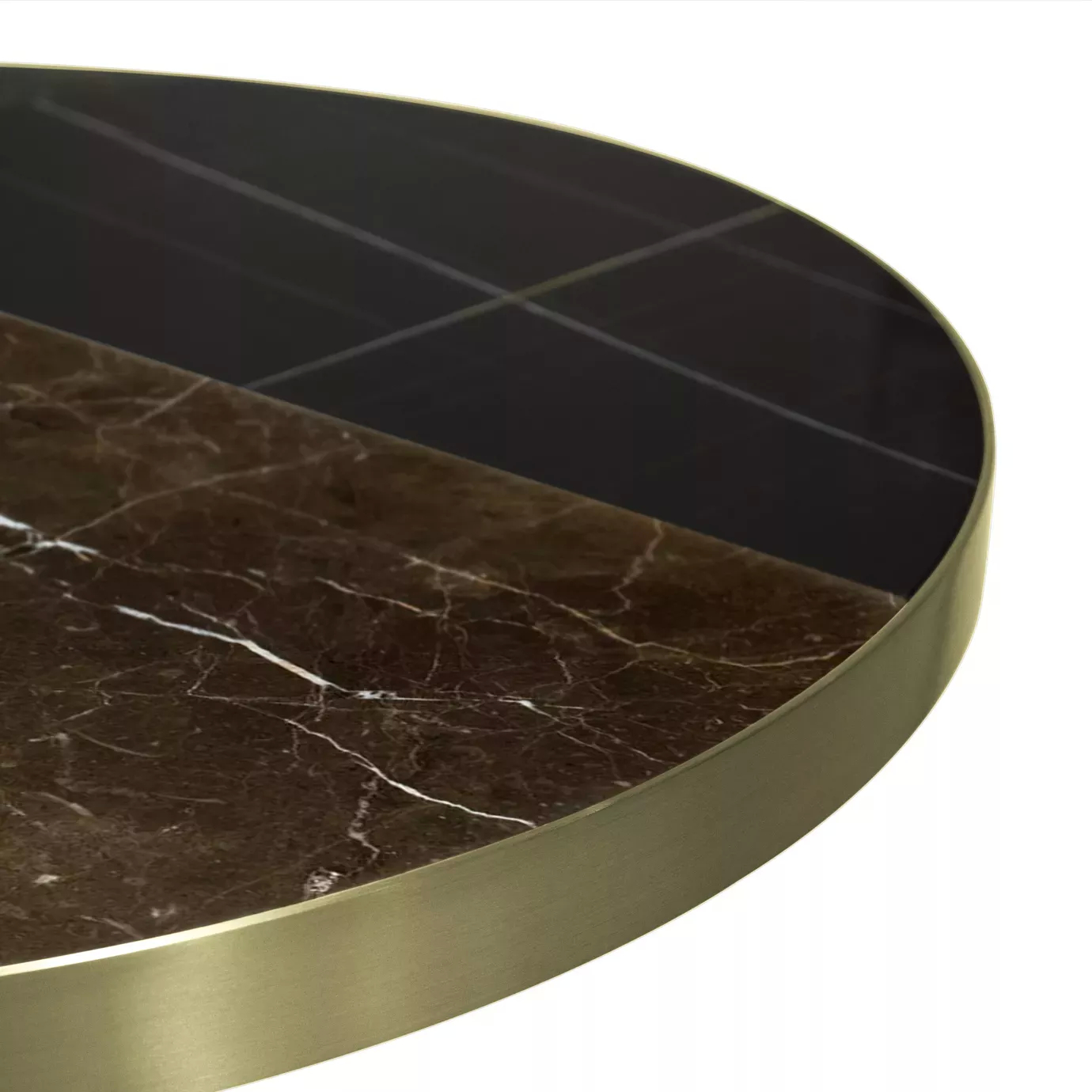 Elegant close-up of the golden edge and black and brown marble top of the Dylan Luxury Oval Marble Dining Table.
