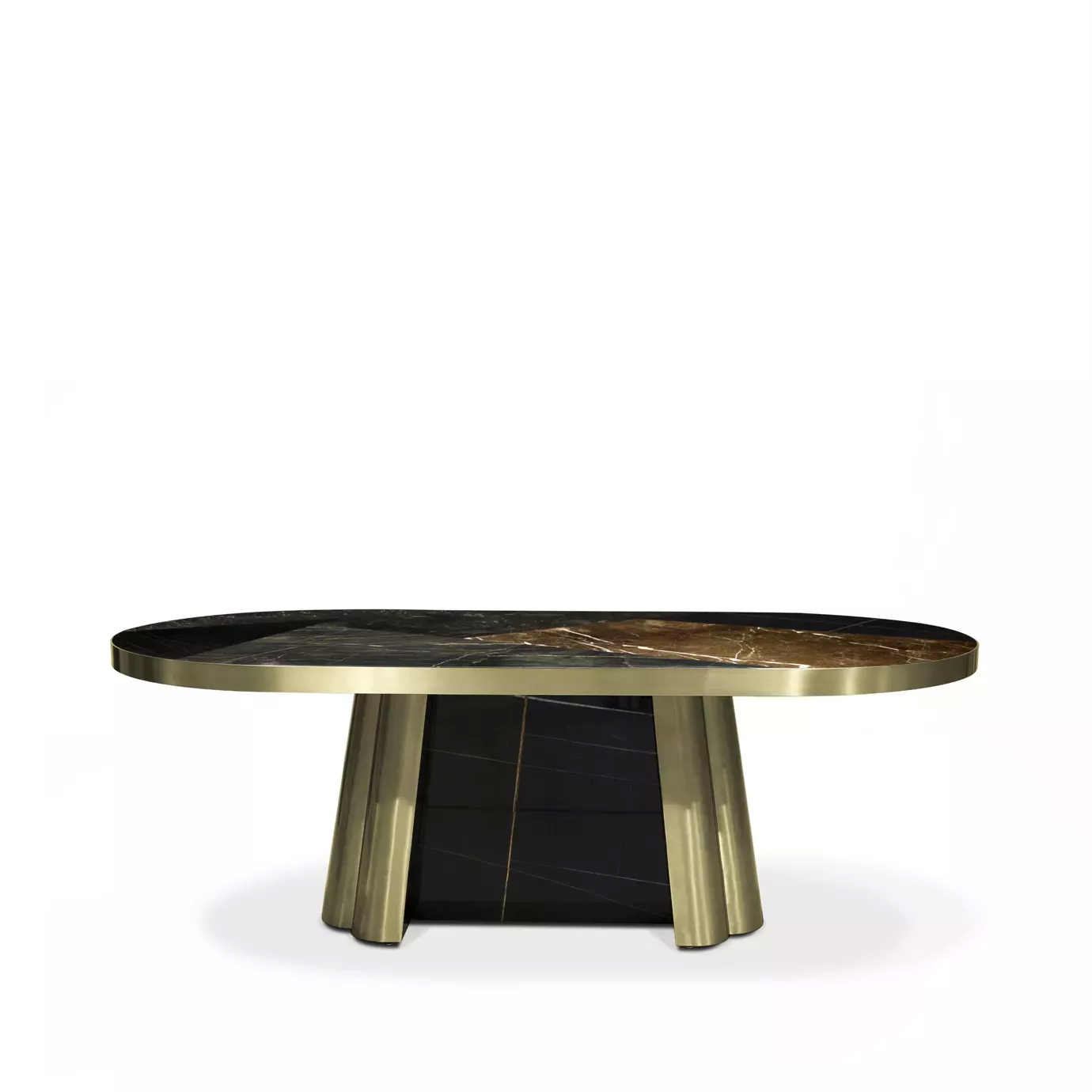 Elegant Decodiva Dining Table with black and gold granite top and golden geometric base.