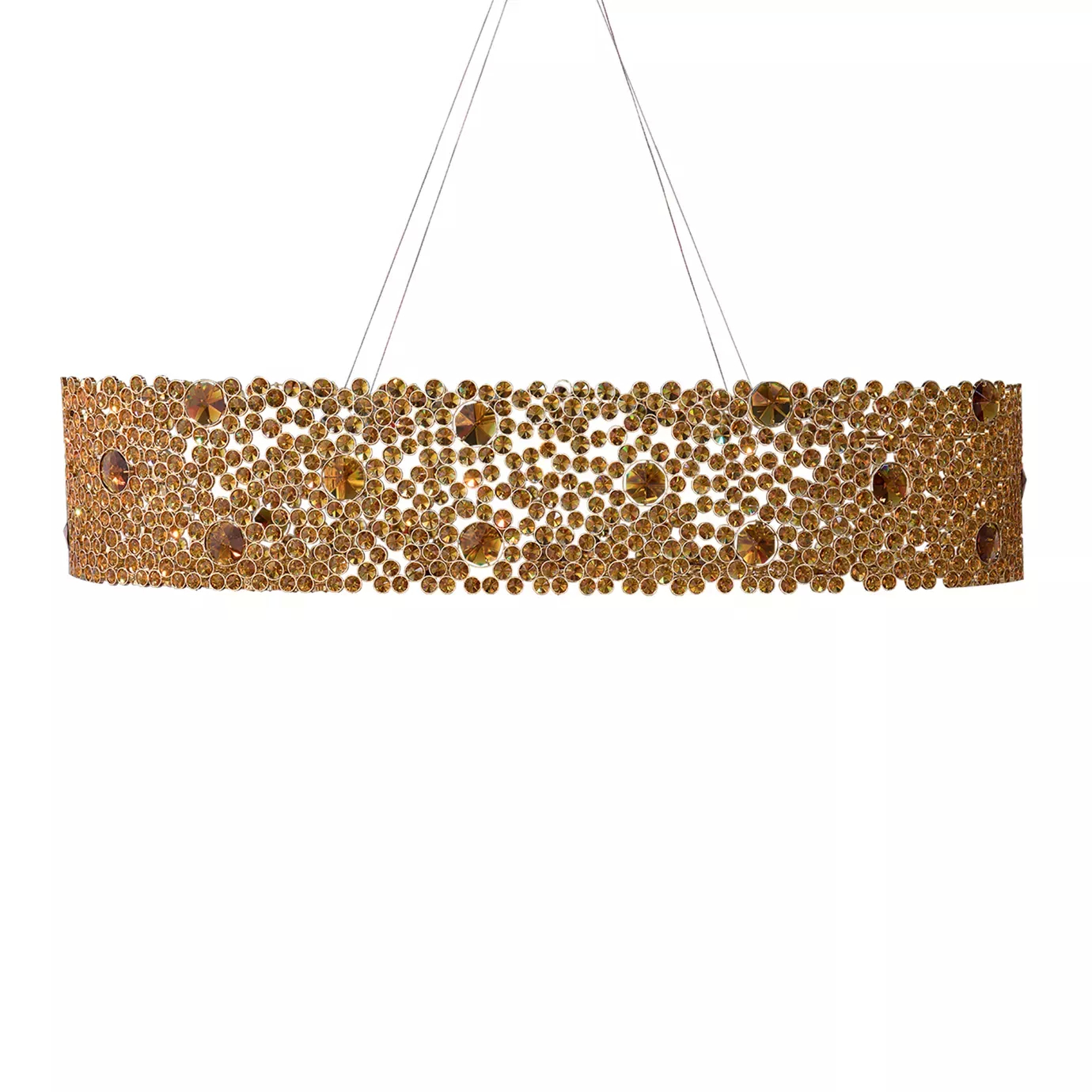 Elegant Eternity Oval Chandelier with a bronze-toned oval frame adorned with numerous bronze glass details, suspended by thin cables.