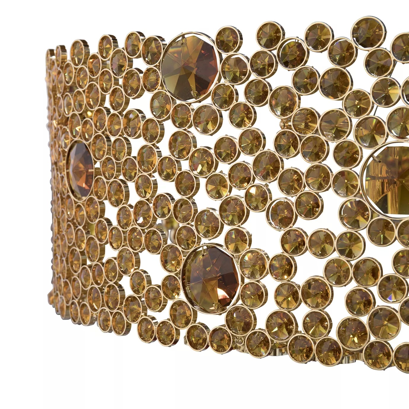 Elegant close-up detail of the bronze-toned frame and the numerous bronze glass details of the Eternity Oval Chandelier.