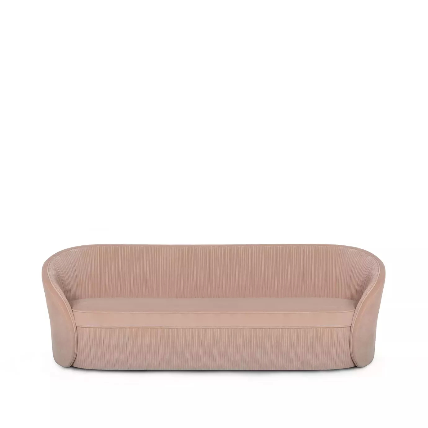 Elegant Bloom Sofa with a curved design and soft pink fabric upholstery featuring vertical pleated details on the backrest and base.