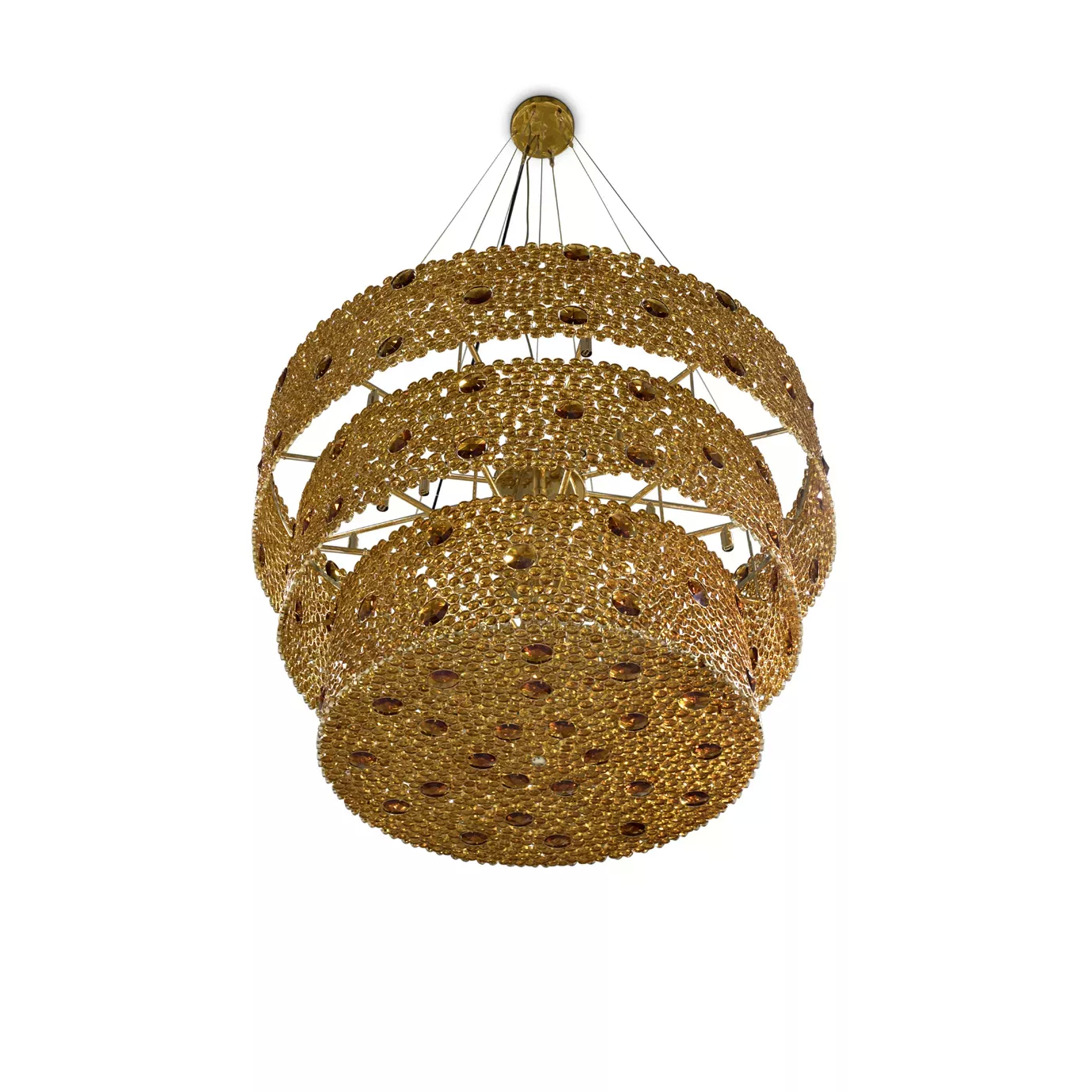 Elegant Eternity 3 Tier Chandelier with a golden frame adorned with numerous amber glass details, suspended by thin cables from a round golden ceiling mount, viewed from below.