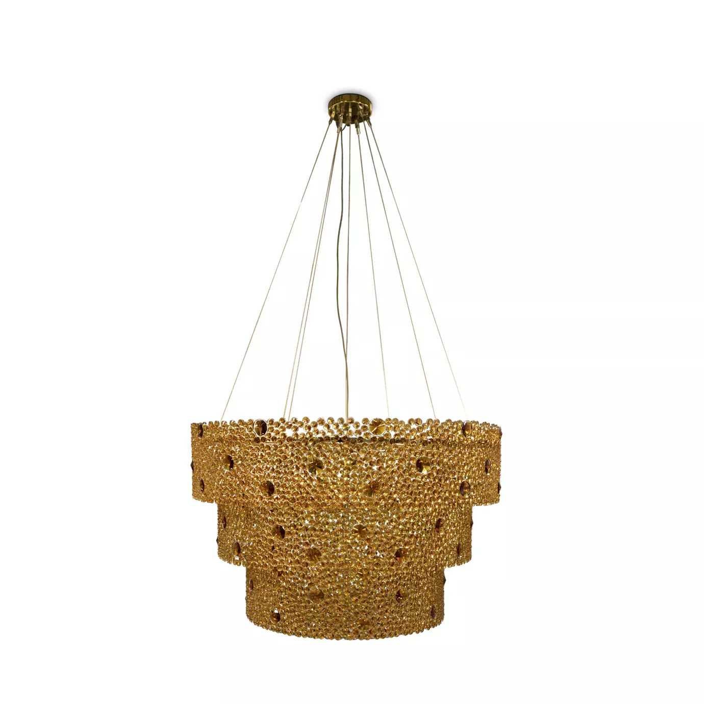 Elegant Eternity 3 Tier Chandelier with a golden frame adorned with numerous amber glass details, suspended by thin cables from a round golden ceiling mount.