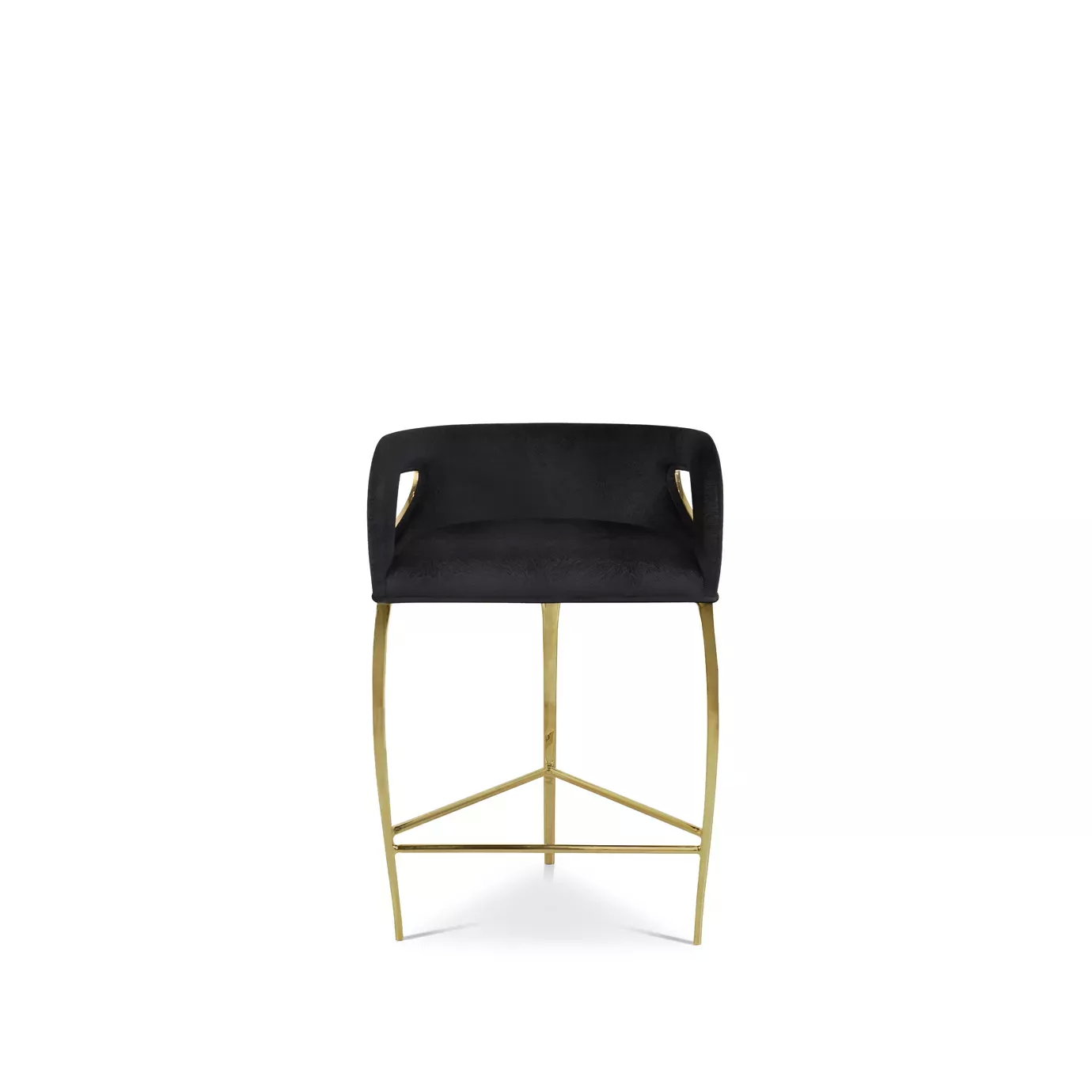 Display of Chandra Counter Stool, demonstrating its distinctive feature of only having 3 legs, in golden hues, contrasting with the elegant black upholstery.