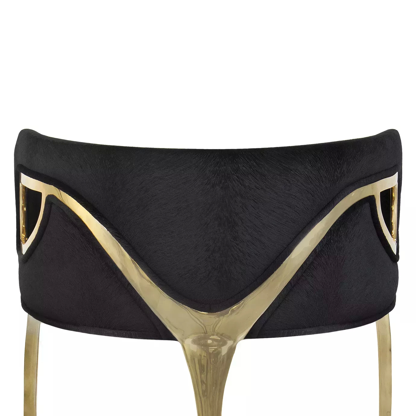 Close look on the Chandra Counter Stool’s backrest, highlighting its elegant golden structure against the black upholstery.