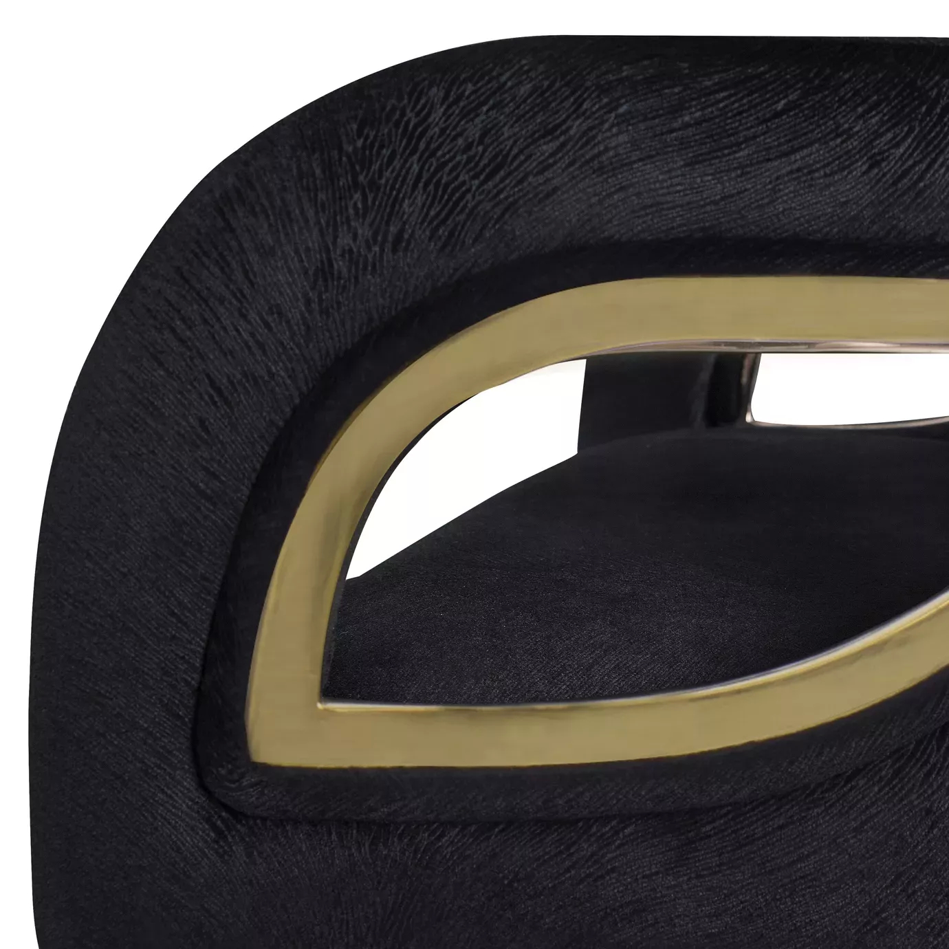 Detailed view of the Chandra Counter Stool, showcasing its gold-accented handles, in contrast with the black upholstery.