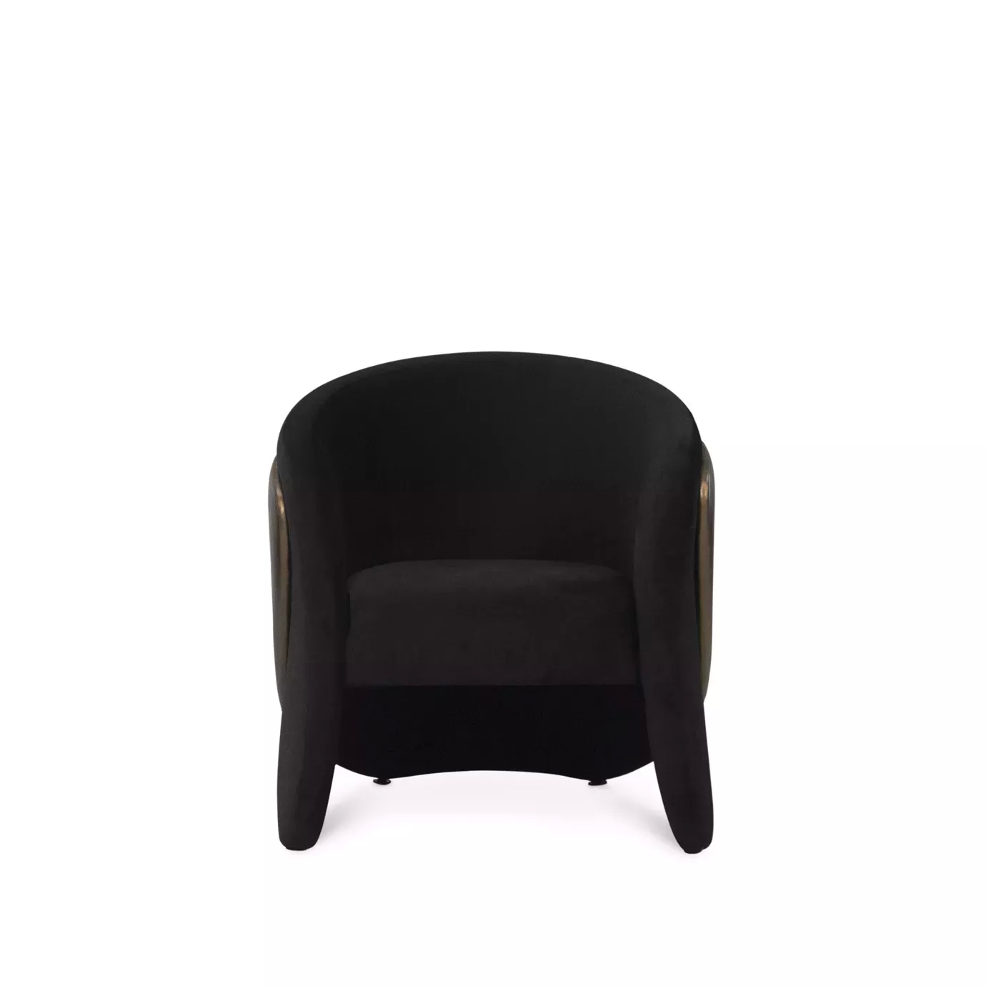Elegant Denise Chair with a curved design and soft black fabric upholstery contrasted by bronze-toned side panels, viewed from the front.