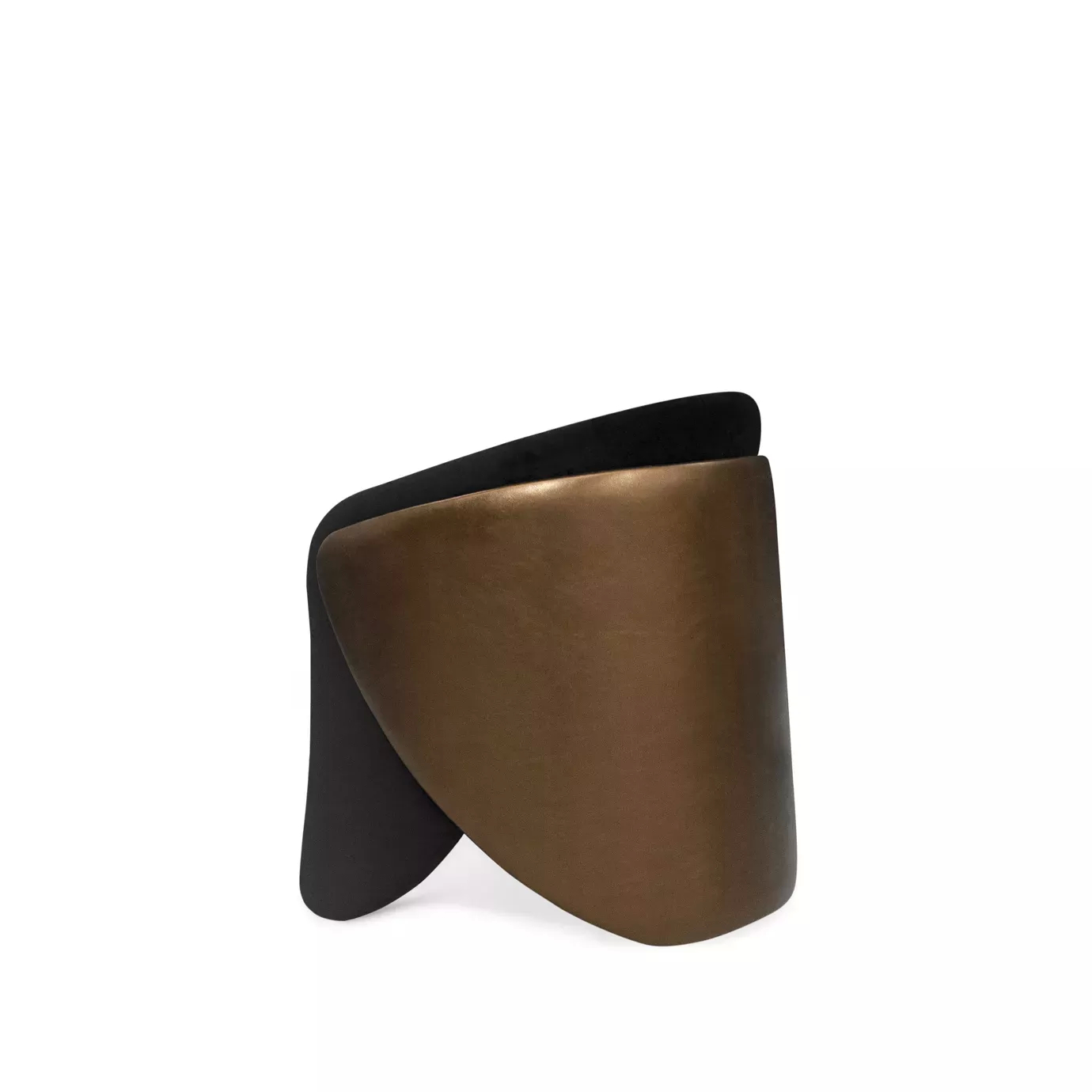 Elegant Denise Chair with a curved design and soft black fabric upholstery contrasted by a bronze-toned side panel, viewed from the back showing the sculptural shape.