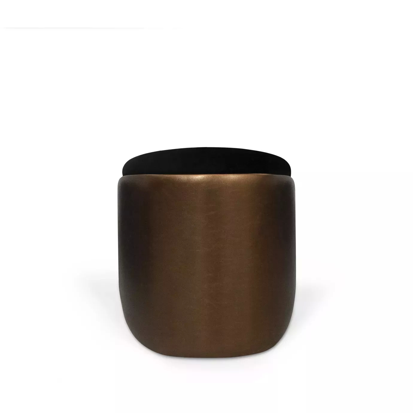 Elegant Denise Stool with a round seat upholstered in soft black fabric and a cylindrical bronze-toned base.