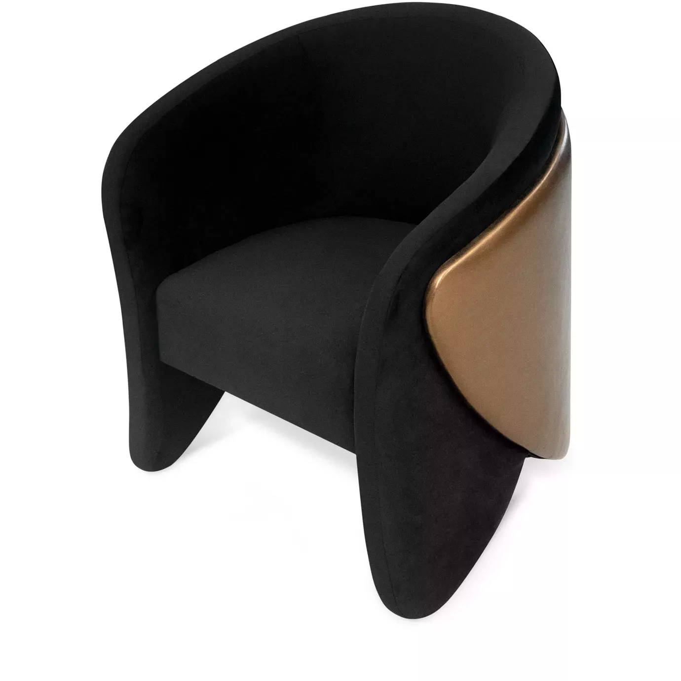 Elegant Denise Chair with a curved design and soft black fabric upholstery contrasted by a bronze-toned side panel, viewed from above showing the shape of the seat and backrest.