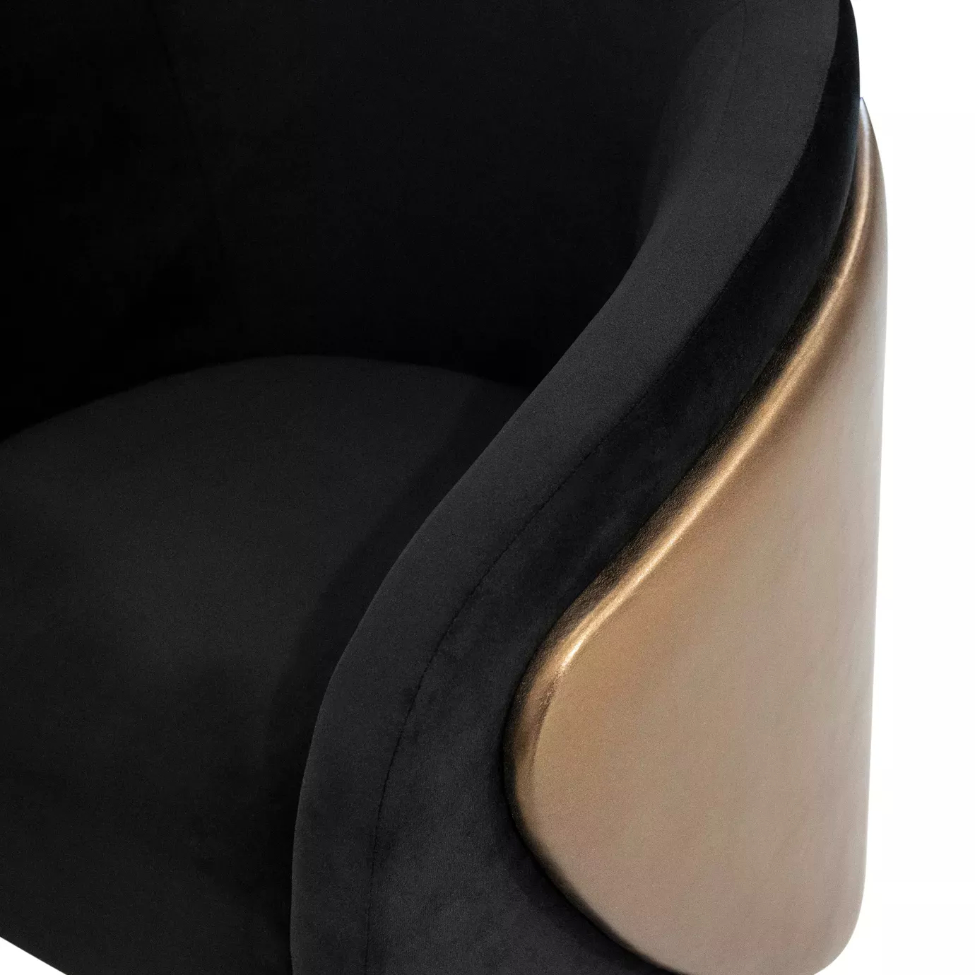 Elegant close-up detail of the texture of the soft black fabric and the sheen of the bronze-toned side panel of the Denise Chair.