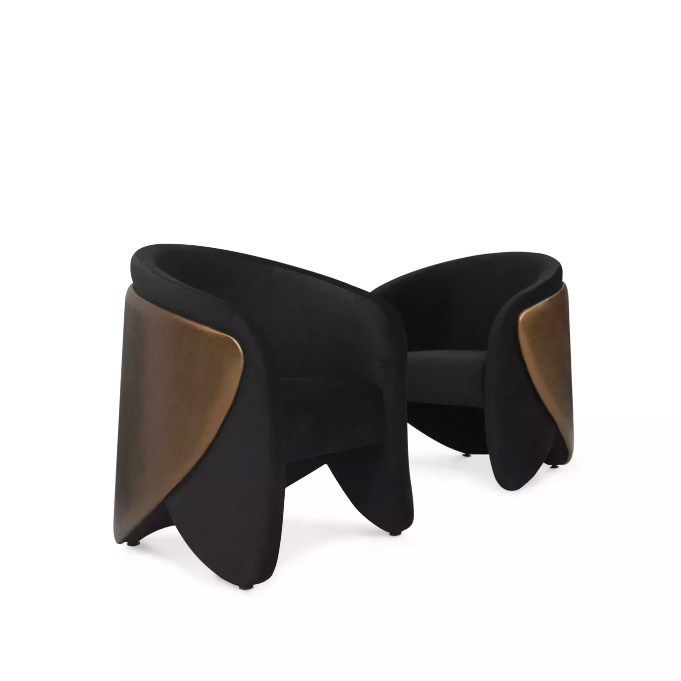 Pair of elegant Denise Chairs with a curved design and soft black fabric upholstery contrasted by bronze-toned side panels, arranged side by side.