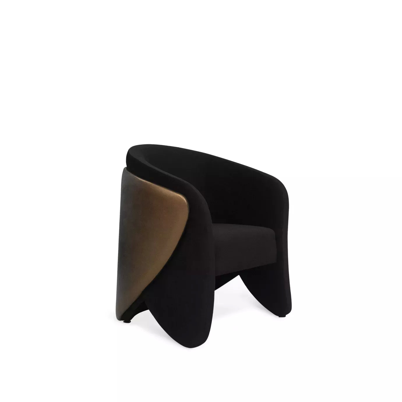 Elegant Denise Chair with a curved design and soft black fabric upholstery contrasted by a bronze-toned side panel.