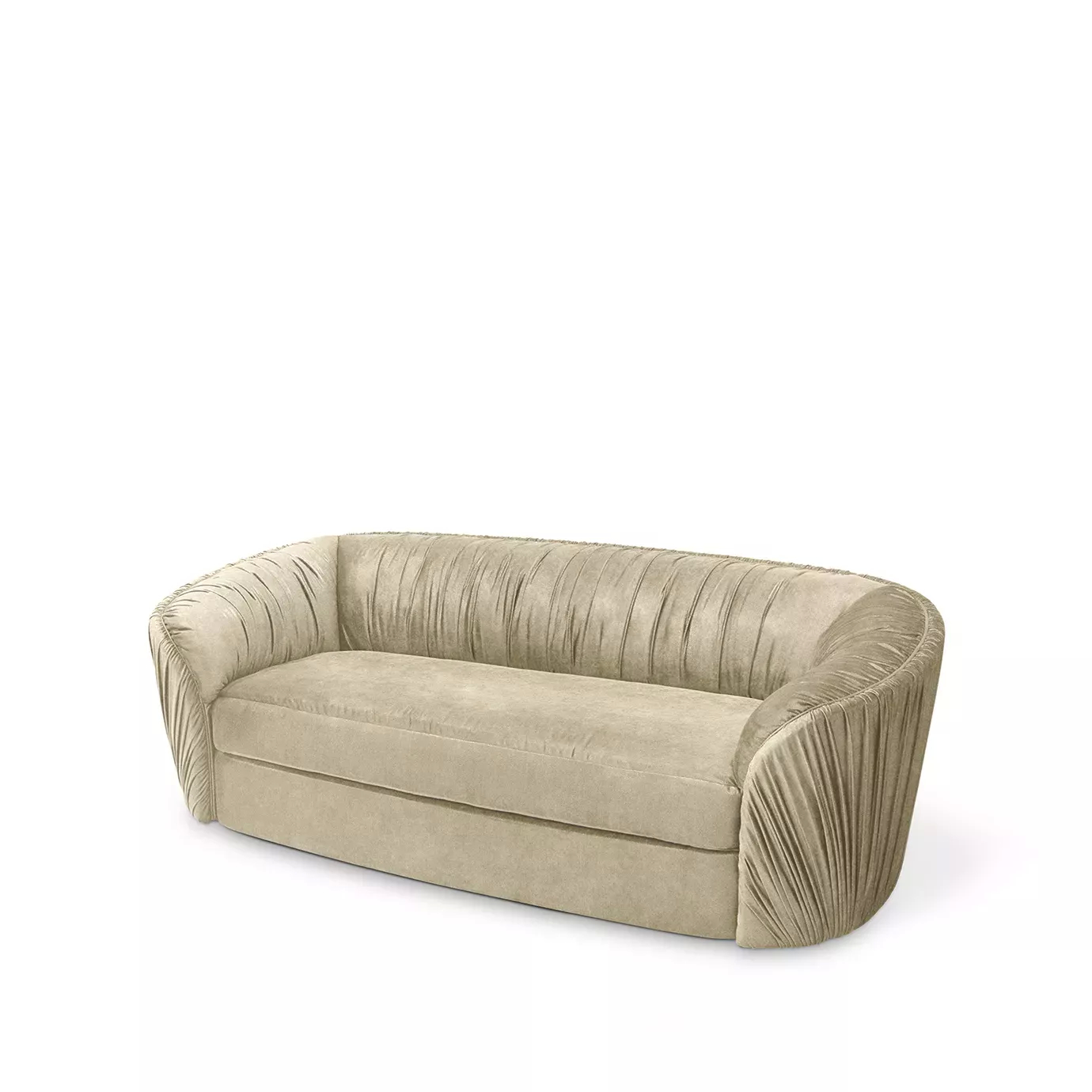 Elegant Luscious Sofa with a curved design and soft beige fabric upholstery featuring vertical pleated details on the arms and backrest, viewed from a slightly side angle.