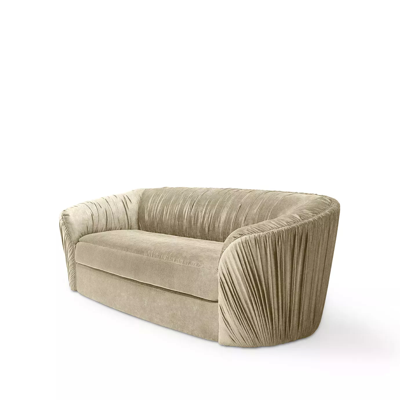 Elegant Luscious Sofa with a curved design and soft beige fabric upholstery featuring vertical pleated details on the arms and backrest, viewed from a more pronounced side angle.