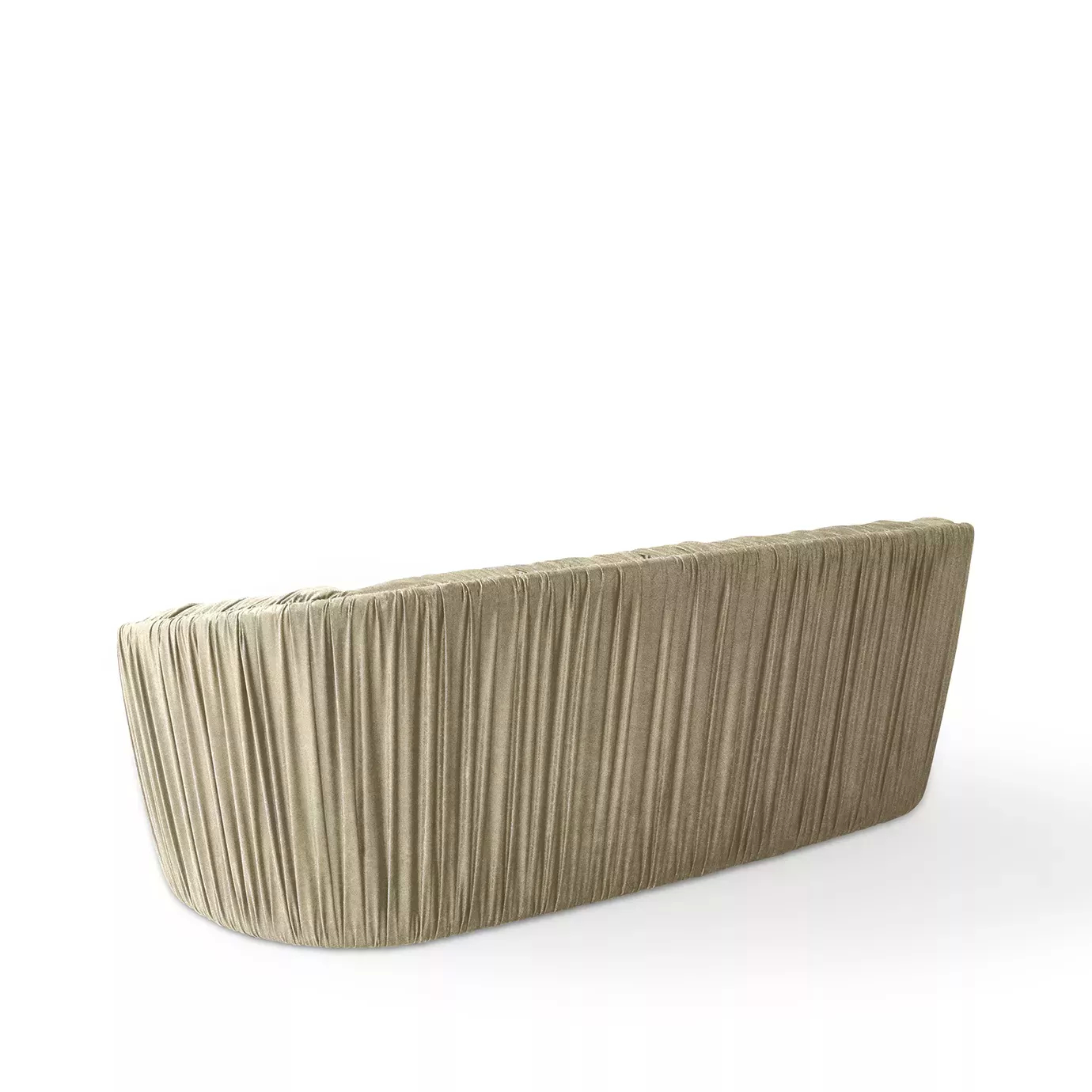 Elegant Luscious Sofa with a curved design and soft beige fabric upholstery featuring vertical pleated details on the arms and backrest, viewed from the back showing the pleated fabric detail