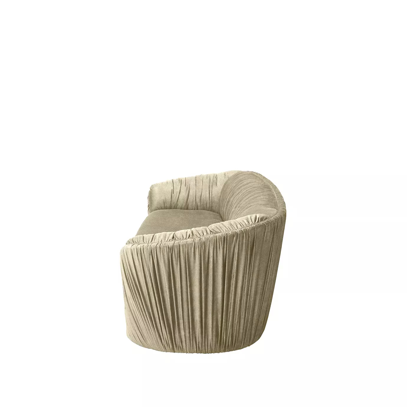 Elegant Luscious Sofa with a curved design and soft beige fabric upholstery featuring vertical pleated details on the arms and backrest, viewed from the side showing the depth and curved shape