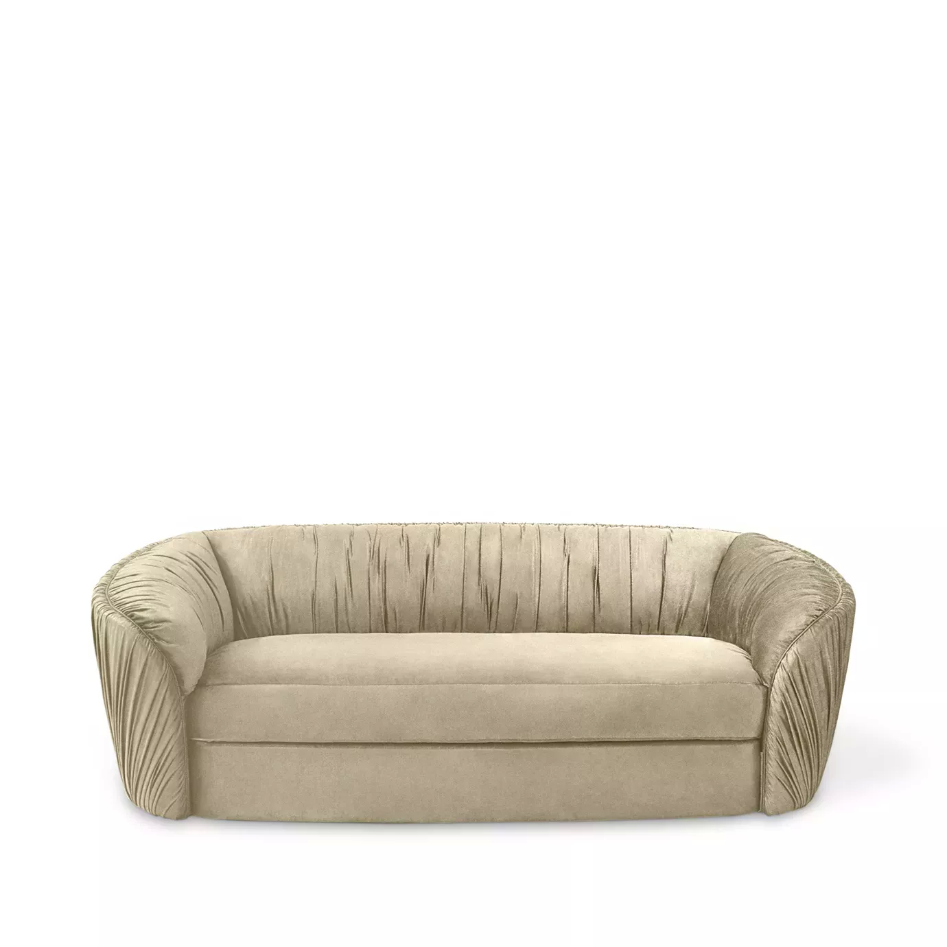 Elegant Luscious Sofa with a curved design and soft beige fabric upholstery featuring vertical pleated details on the arms and backrest.