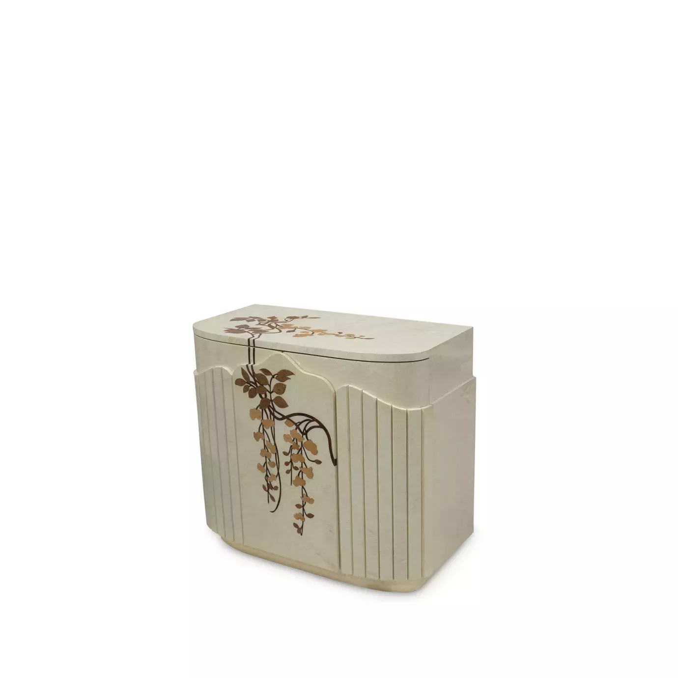 Elegant Fleur Nightstand with a curved design and cream-white finish adorned with a delicate floral pattern in shades of brown and gold on the sides and top, viewed from a slightly side angle.