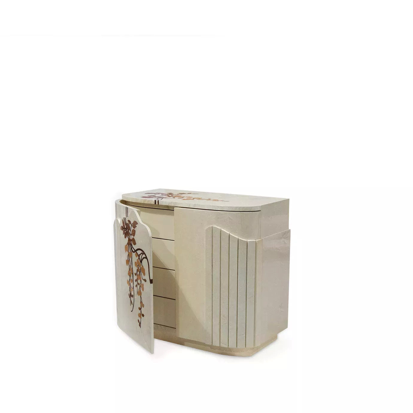 Elegant Fleur Nightstand with a curved design and cream-white finish adorned with a delicate floral pattern in shades of brown and gold on the sides and top, with a side door slightly open revealing interior drawers.